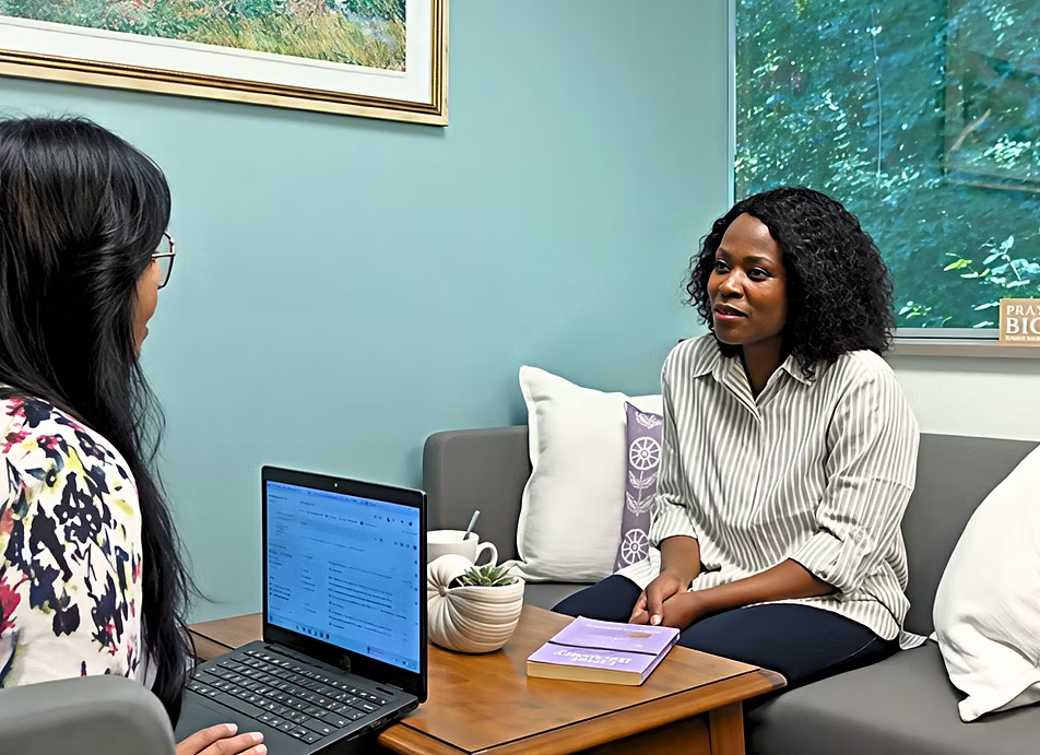 Sandy Bashaw meeting with a client during a Christian counseling session in Maumee, Ohio